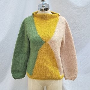 Ladies knit sweater, gold green cream, boat neck with buttons, M, great colors
